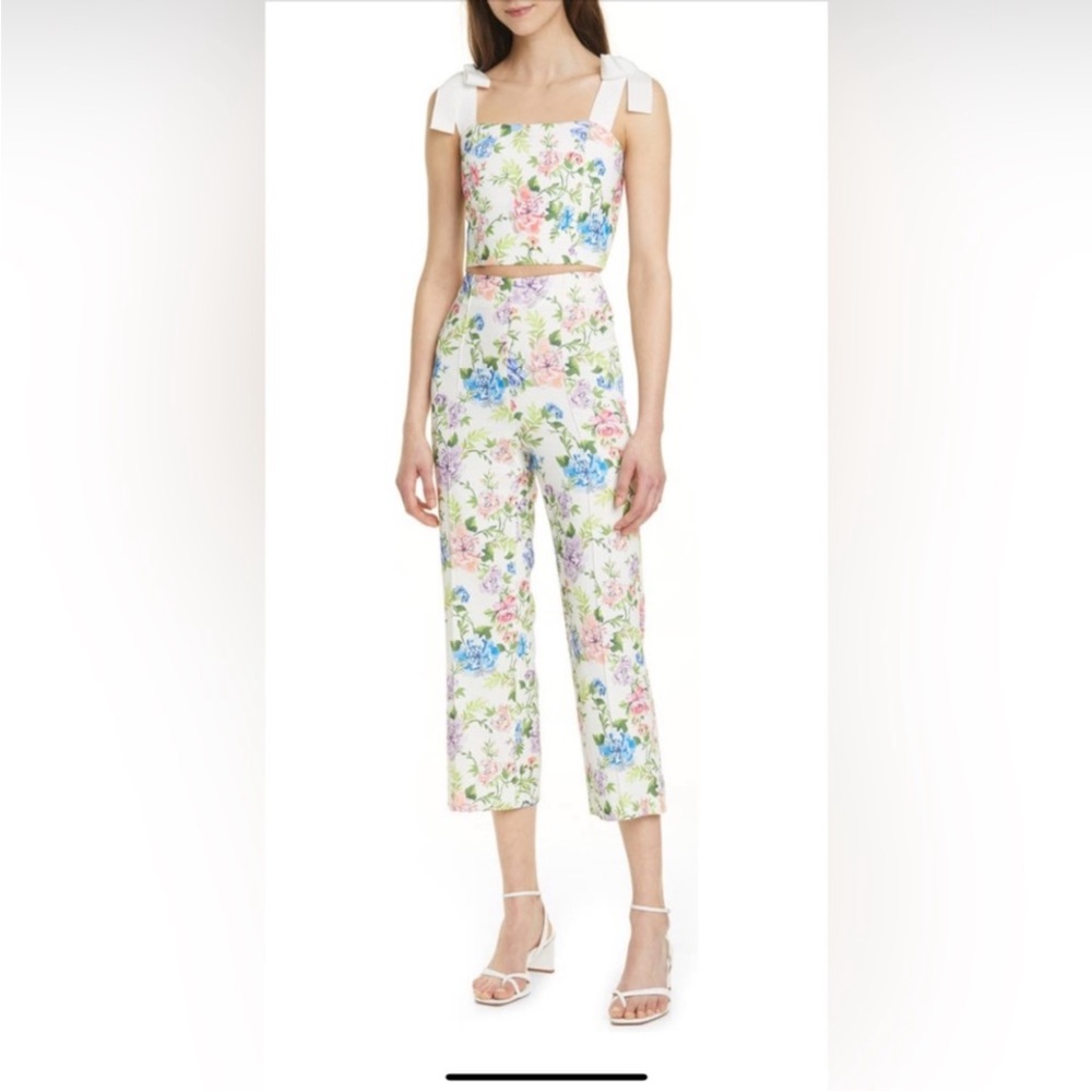 NWOT Alice + Olivia White Floral Gardenia Lorenda Nika 2 Piece Pant Set, Sz S/4